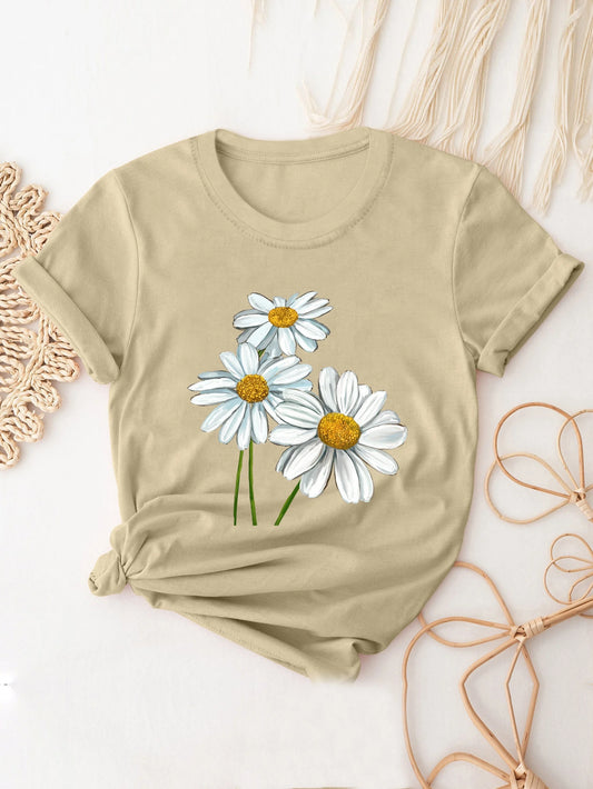 T-Shirt for Women Cute Daisy Print T-Shirt Short Sleeve Crew Neck Casual Top All Season Women's Clothing