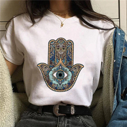 T-Shirt for Women Hamsa Hand of Fatima Print Women's T-Shirts Lucky Hand Unisex T Shirts Short Sleeve Top Tees