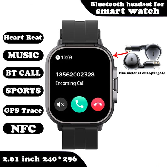 Smart Watch for men and women 2 in 1 With Earphone Smartwatch Bluetooth Call Watch GPS Track Heart Rate Monitor Play Music SmartWatch black silicone color