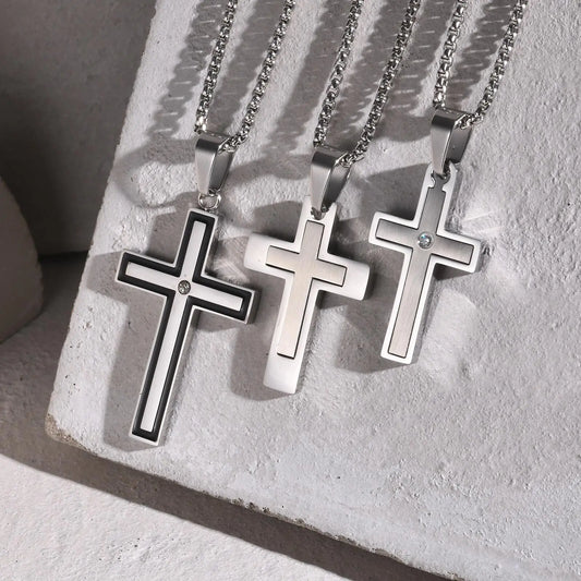 Pendant for Men Unisex Stainless Steel Cross Pendants Neckalces Zircon Center Inlayed Christ Cross Collar for Men Women Faith Jewelry