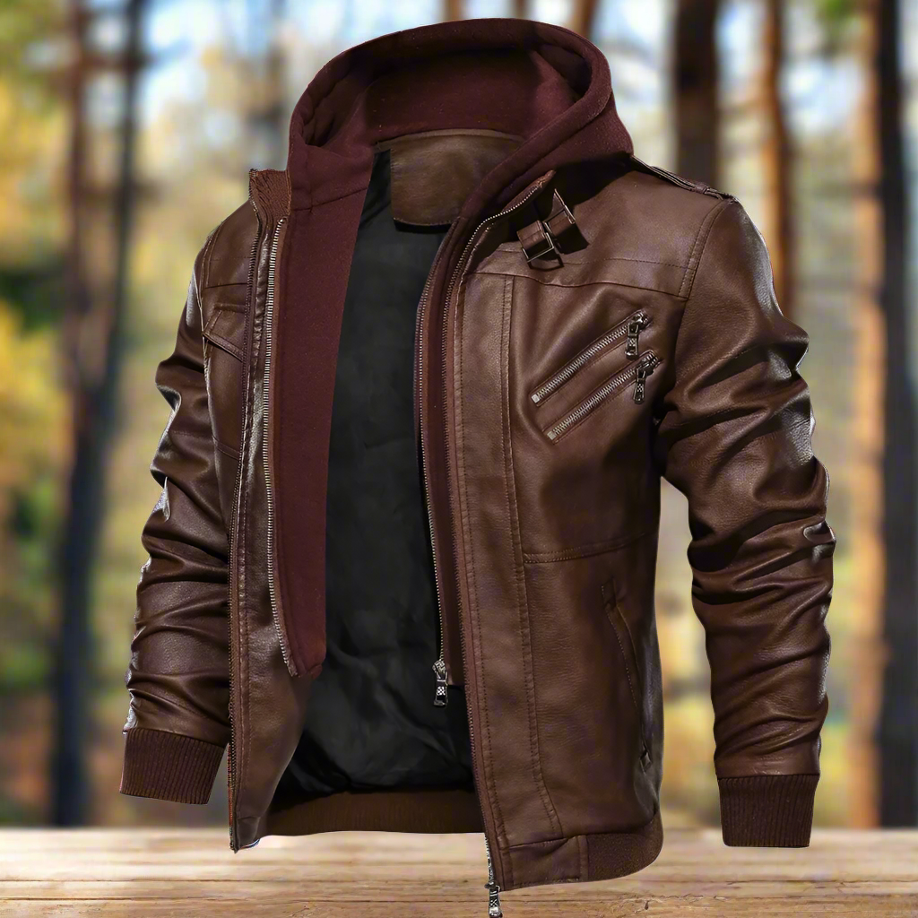 Mens Hood Faux Leather Jacket Winter Fleece Warm Biker Vintage Coat Brown Color