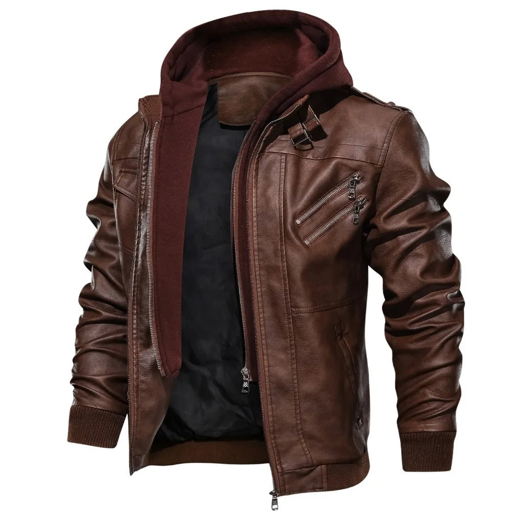 Mens Hood Brown Faux Leather Jacket Winter Fleece Warm Biker Vintage Coat Casual Slim pilot Leather Jackets