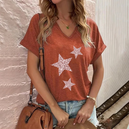 T-Shirt for Women Fashion V-neck Women's T-Shirts Funny Five-Pointed Star Printed Short Sleeve Casual Loose Tops