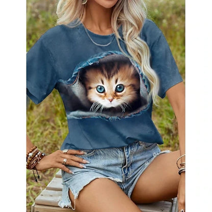 T-Shirt for Women Funny 3D Cartoon Cat Print Women's T-Shirts Casual O-neck Short Sleeve Top Summer Loose Tee Fashion Blouse