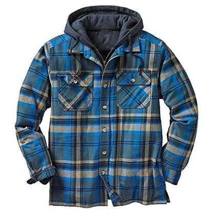 Men's Coats Plaid Printed Patchwork Jacket Hooded Outerwear Jacket for men  navy blue-grey-blue front view