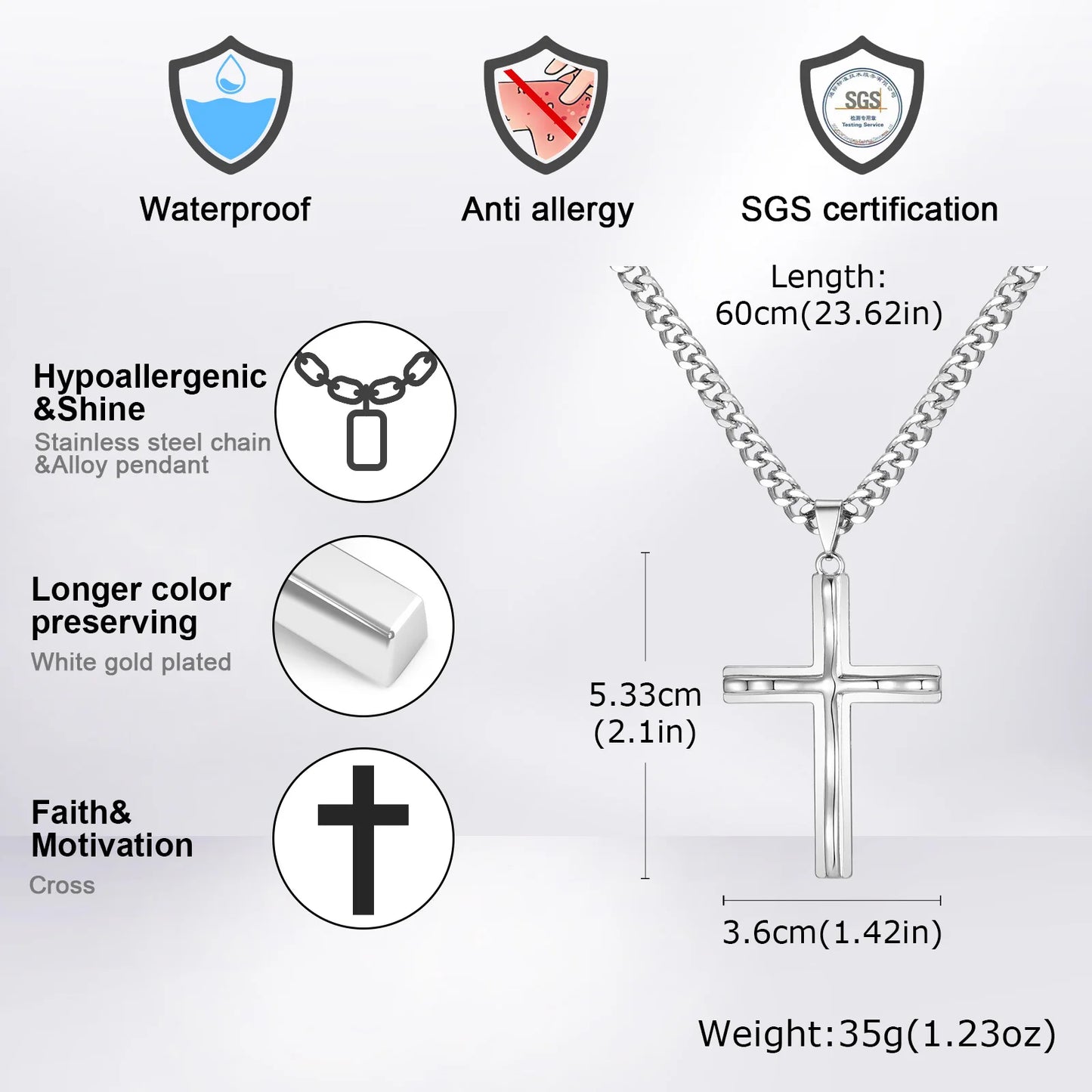 Pendant for Men Mens Big Cross Pendant Necklaces Religous Faith Jewelry Two Layers Cross Pendant with Cuban Chain Punk Hiphop Collar