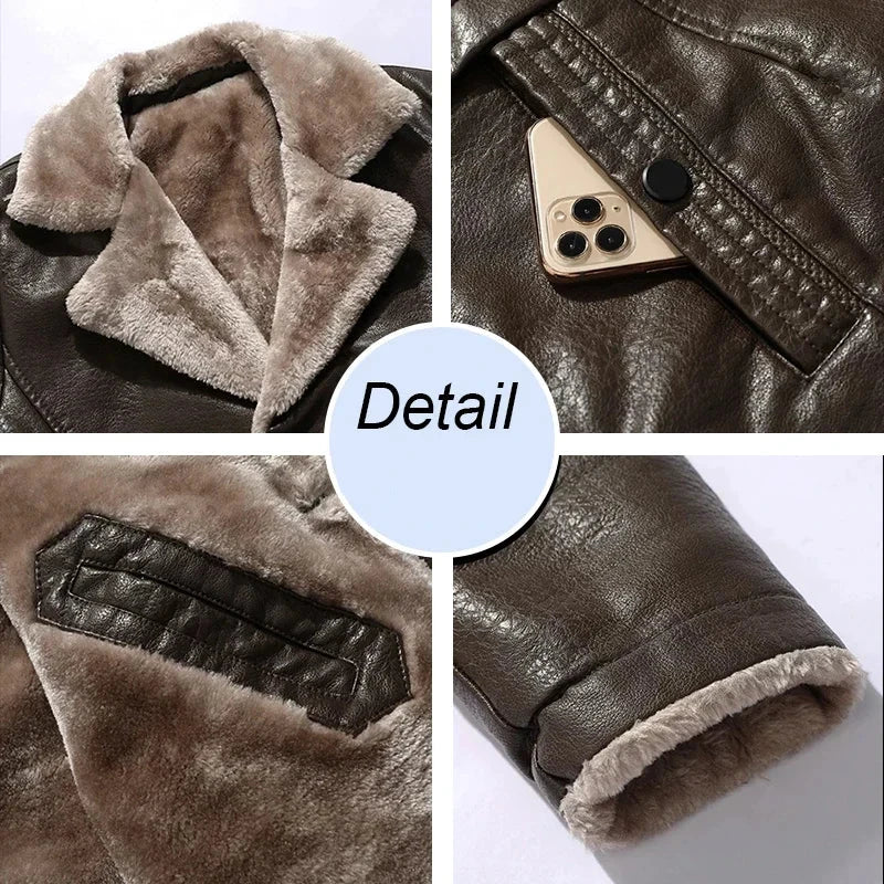 Mens Jacket Streetwear PU Leather Casual Men Winter Long Thick Fleece Clothing Faux Leather Jackets Coat Outwear detail view brown color