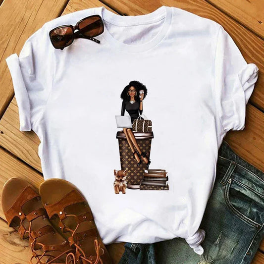 T-Shirt for Women Fashion Print T-shirt T Shirt Women Funny Black African Curly Hair Girl Graphic Tees Aesthetic Tshirt Female