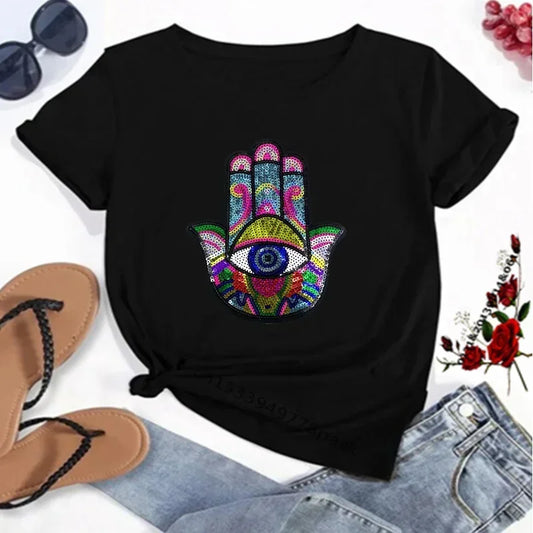 T-Shirt for Women Hamsa Hand of Fatima Print Women's T-Shirts Lucky Hand Unisex T Shirts Short Sleeve Top Tees