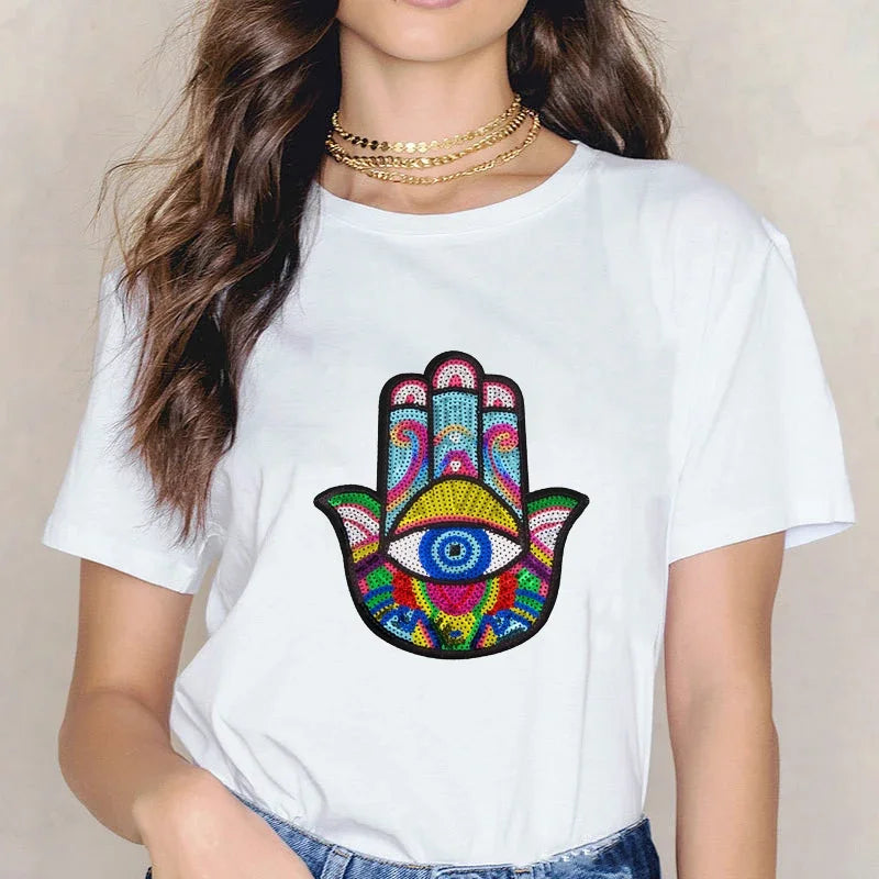 T-Shirt for Women Hamsa Hand of Fatima Print Women's T-Shirts Lucky Hand Unisex T Shirts Short Sleeve Top Tees