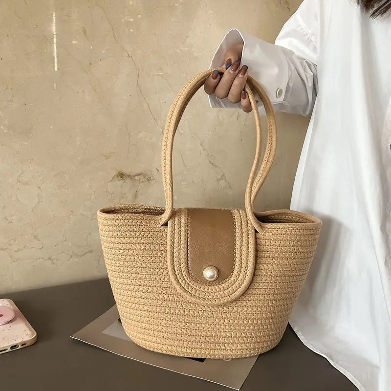 Handbag Fashion Women's Woven Bag French Casual Tote Bag Cotton Rope Handbag Woven Bag Pearl Decoration