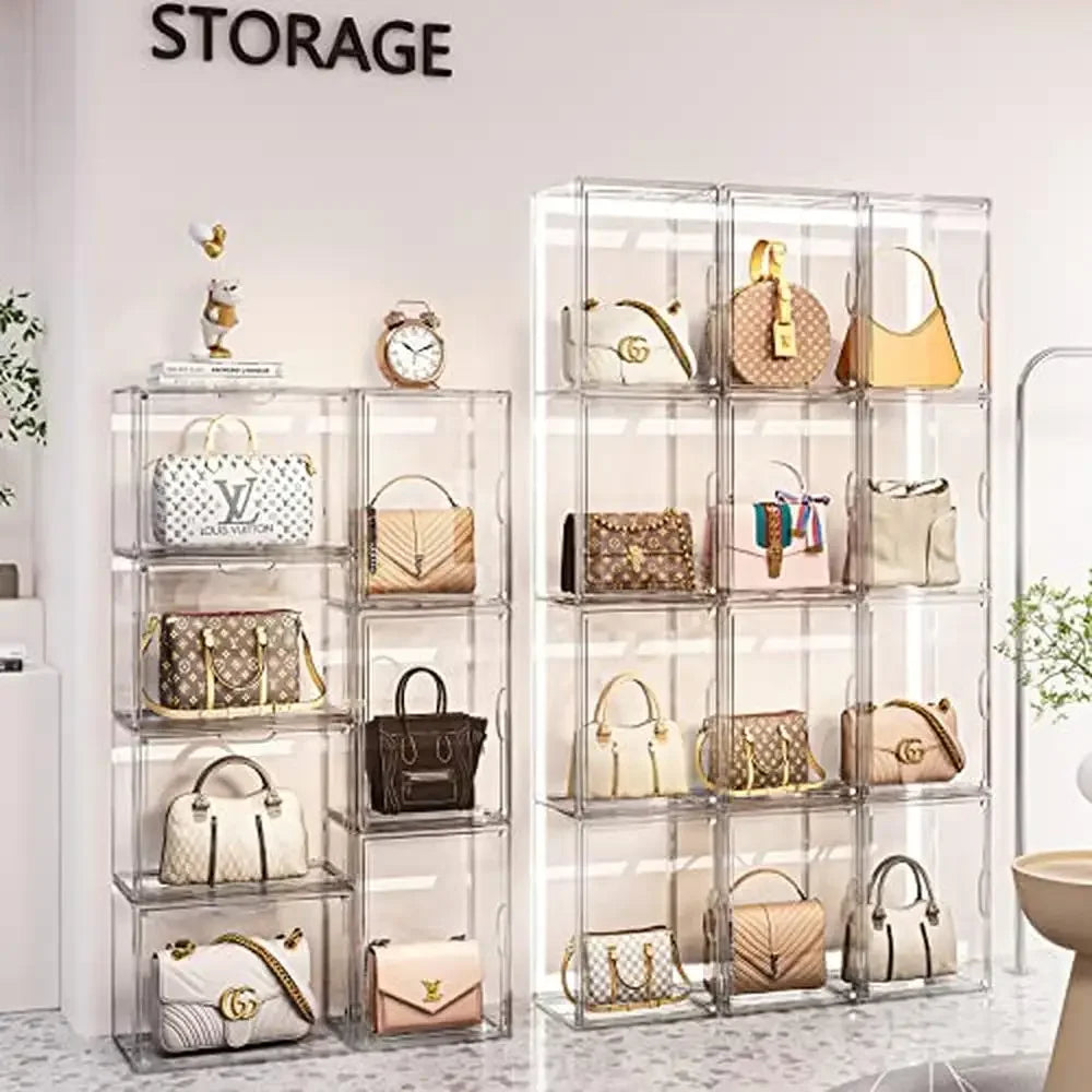 Organizers 3 Pack Clear Acrylic Handbag Storage Organizer Case with Magnetic Door Stackable Dustproof Easy Assembly Closet Purse Display