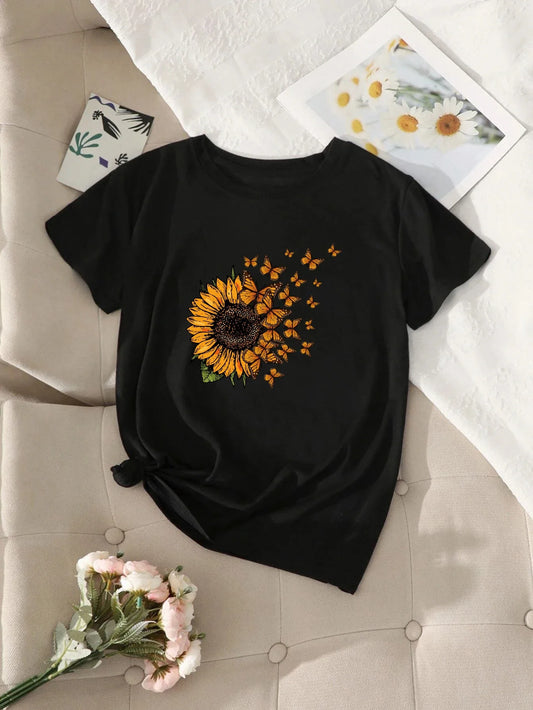 T-Shirt for Women Sunflowers and butterflies Tee Print Crew Neck T-shirt Women's Casual Loose Short Sleeve Fashion T-Shirts Tops