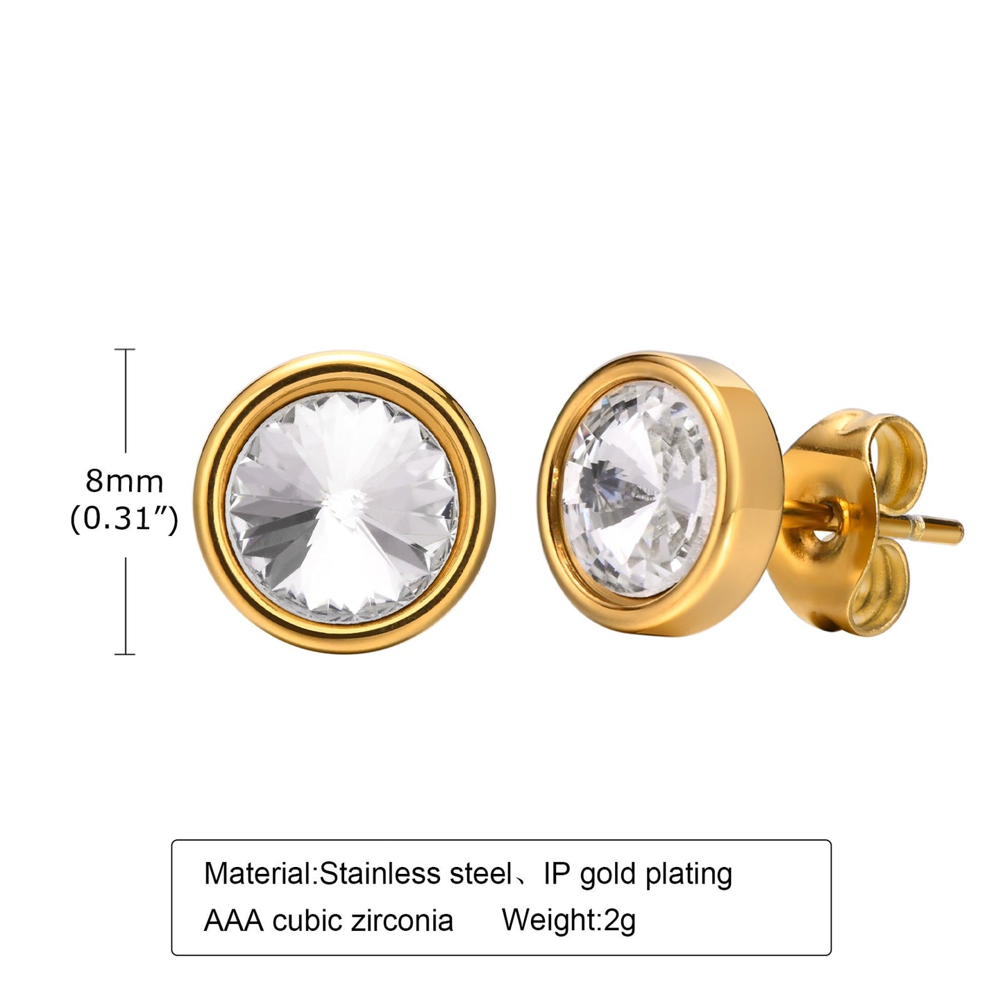 Aretes para mujeres Simple Stud Earrings for Women, Gold Plated Stainless Steel Pin with AAA CZ Stone, Unisex Basic Ear Jewelry