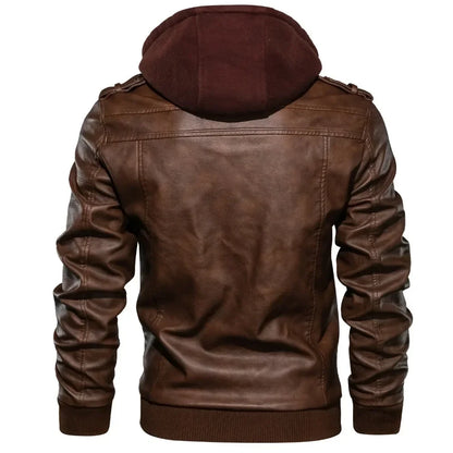 Mens Hood Faux Leather Jacket Winter Fleece Warm Biker Vintage Coat Casual Slim pilot Leather Jackets rear view brown color