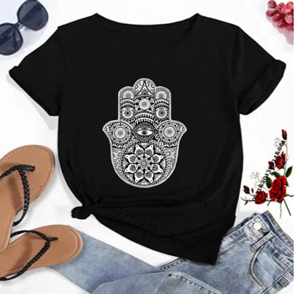 T-Shirt for Women Hamsa Hand of Fatima Print Women's T-Shirts Lucky Hand Unisex T Shirts Short Sleeve Top Tees