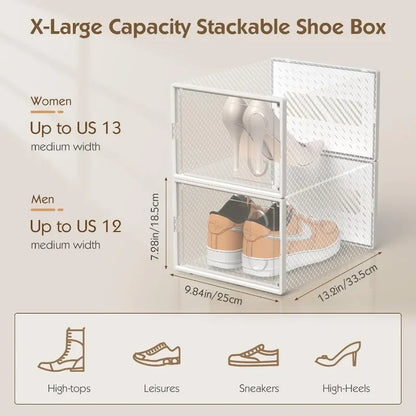 Organizers 12 Pack Shoe Storage Box with Magnetic Door, Fit up to Size 13, Clear Plastic Stackable Shoe Organizer for Closet