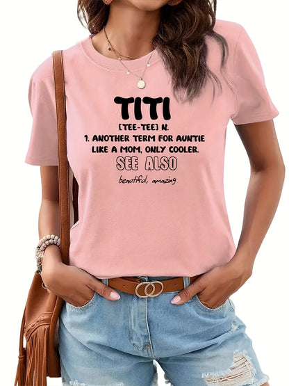 T-Shirt for Women TITI Print T-Shirt Short Sleeve Crew Neck Casual Top Women's Clothing