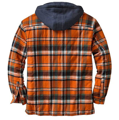 Men's Coats Plaid Printed Patchwork Jacket Hooded Outerwear Jacket for men  Navy-orange rear view