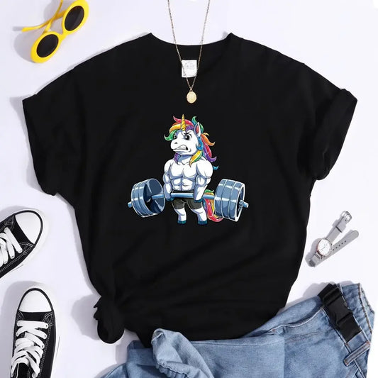 T-Shirt for Women Funny Gym Unicorn Fitness Bodybuilding Cute Prints Women T-shirt Casual Short Sleeve Loose Tee