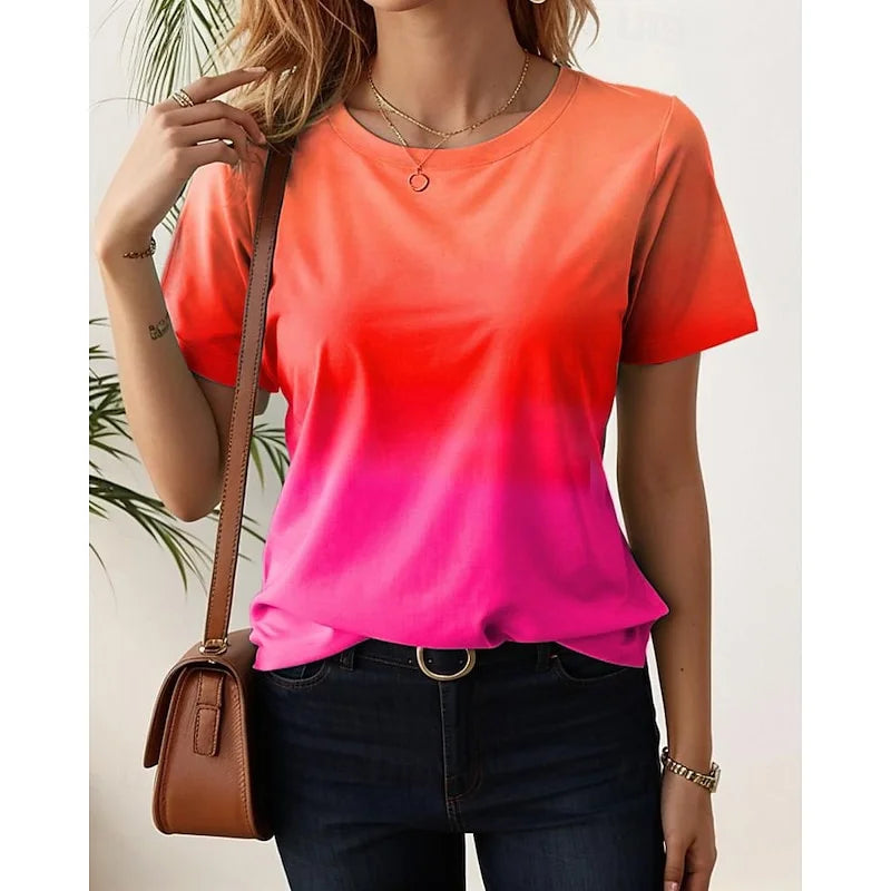 T-Shirt for Women Fashion 3D Color Gradient Print T Shirt For Women Short Sleeve Ladies Tops Casual O-neck Loose Tee