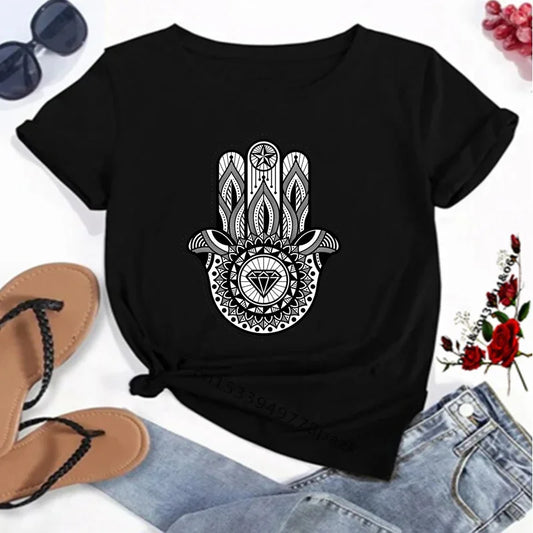 T-Shirt for Women Hamsa Hand of Fatima Print Women's T-Shirts Lucky Hand Unisex T Shirts Short Sleeve Top Tees