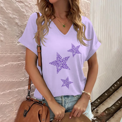 T-Shirt for Women Fashion V-neck Women's T-Shirts Funny Five-Pointed Star Printed Short Sleeve Casual Loose Tops