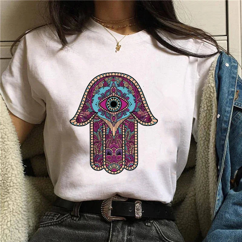 T-Shirt for Women Hamsa Hand of Fatima Print Women's T-Shirts Lucky Hand Unisex T Shirts Short Sleeve Top Tees