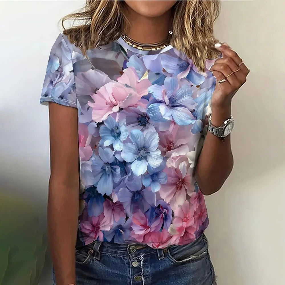 T-Shirt for Women Fashion 3D Floral Print T Shirt For Women Short Sleeve Tees Casual O-neck Loose Short Sleeve Top for girl