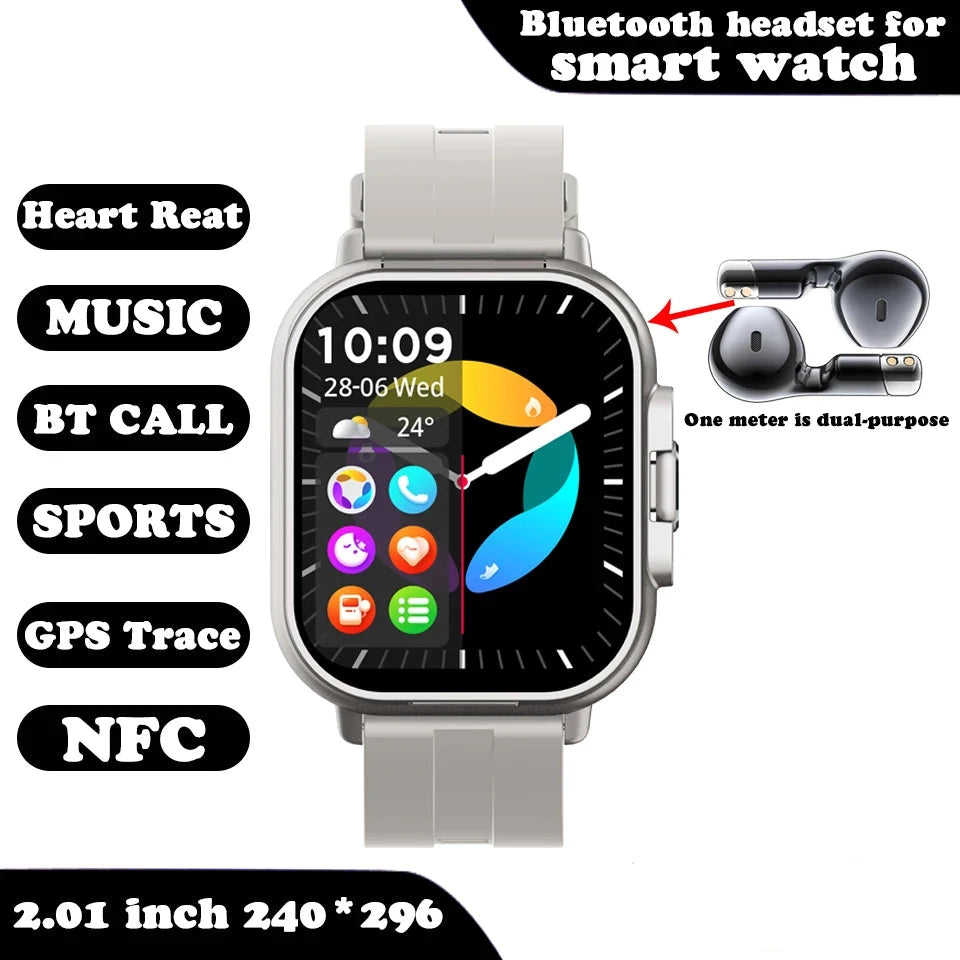 Smart Watch for men and women 2 in 1 With Earphone Smartwatch Bluetooth Call Watch GPS Track Heart Rate Monitor Play Music grey color silicone band variant image