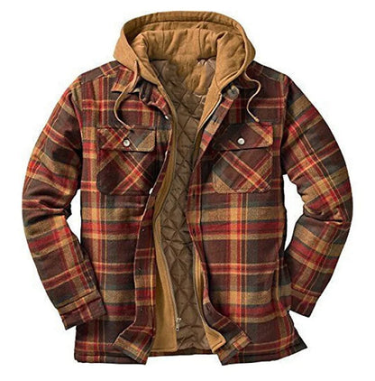 Men's Coats Plaid Printed Patchwork Jacket Hooded Outerwear Jacket for men  burgundy-red-orange-brown color front view