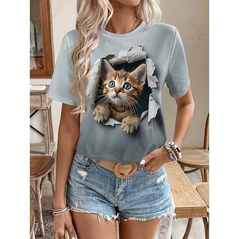 T-Shirt for Women Funny 3D Cartoon Cat Print Women's T-Shirts Casual O-neck Short Sleeve Top Summer Loose Tee Fashion Blouse