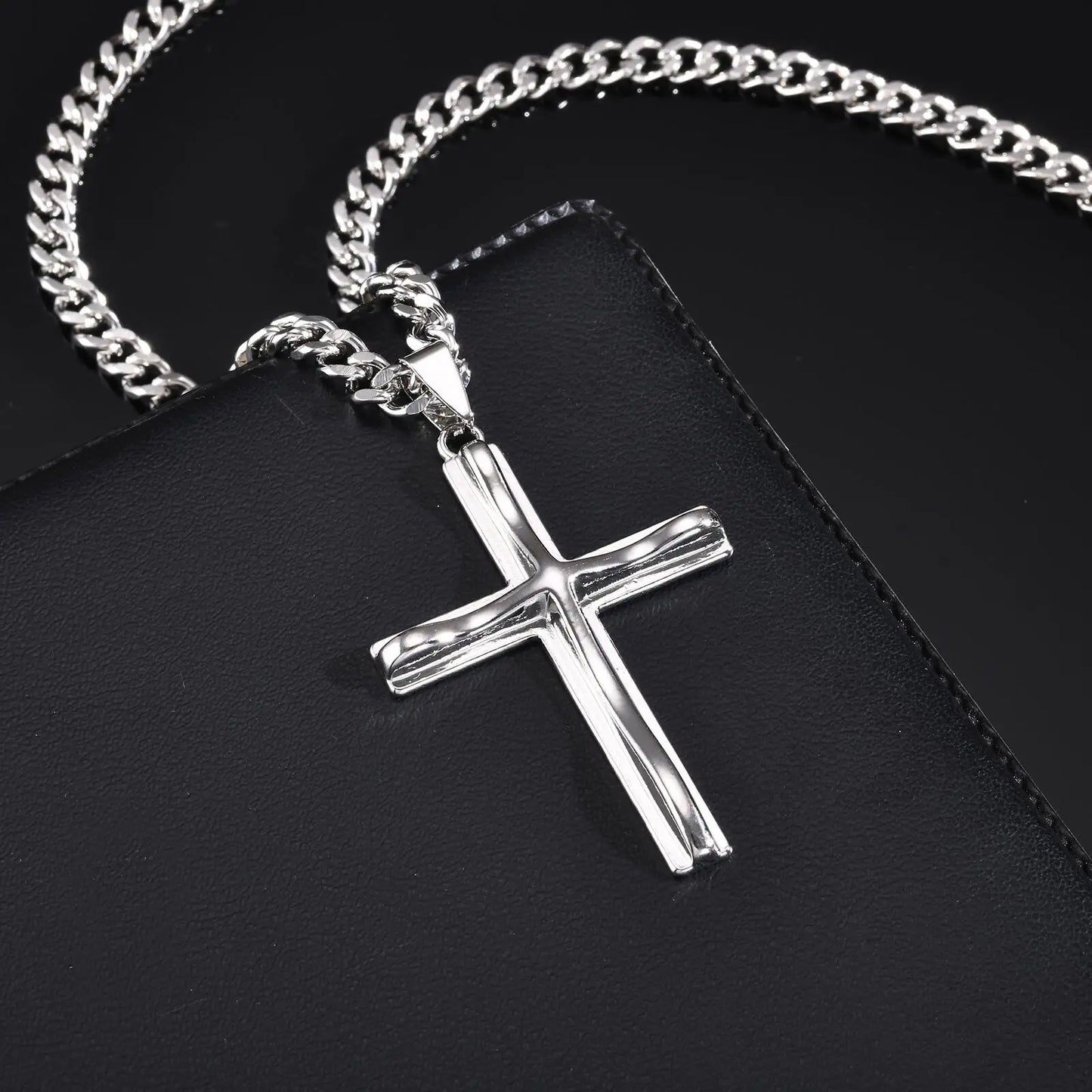 Pendant for Men Mens Big Cross Pendant Necklaces Religous Faith Jewelry Two Layers Cross Pendant with Cuban Chain Punk Hiphop Collar