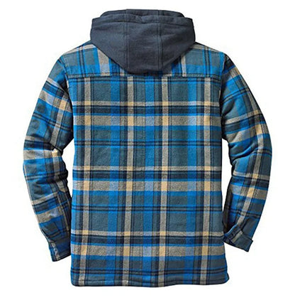 Men's Coats Plaid Printed Patchwork Jacket Hooded Outerwear Jacket for men  navy blue-grey-blue rear view