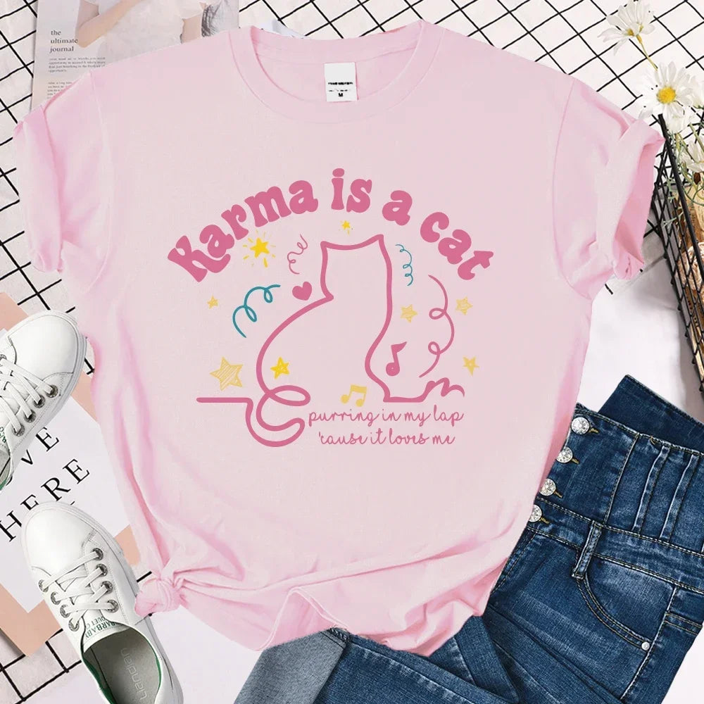 T-Shirt for Women Karma Is A Cat T Shirt Retro T-Shirt Cute Cat Shirt Women Clothes