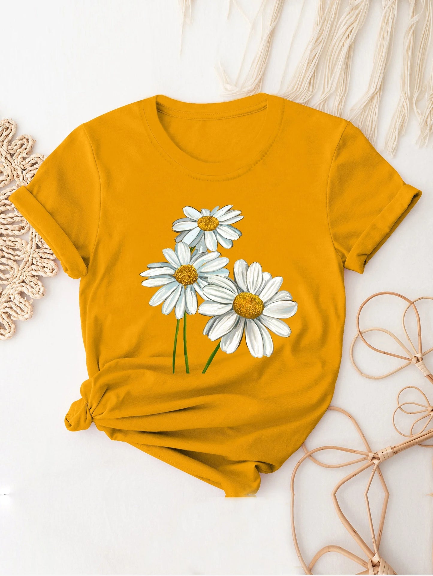 T-Shirt for Women Cute Daisy Print T-Shirt Short Sleeve Crew Neck Casual Top All Season Women's Clothing