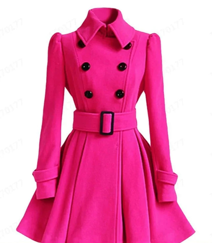 Women‘s Overcoat Elegant Thick Mid Length Warm A-line Loose Hem Tight Waist Woolen Coat with Belt Trench Coat for Women pink