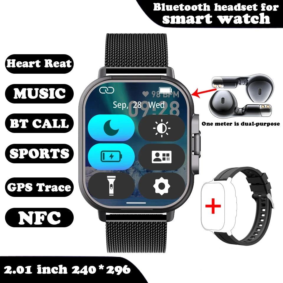 Smart Watch for men and women 2 in 1 With Earphone Smartwatch Bluetooth Call Watch GPS Track Heart Rate Monitor Play Music Black Metallic Mesh band vairan image