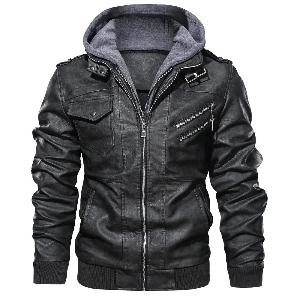 Mens Hood Faux Leather Jacket Winter Fleece Warm Biker Vintage Coat Casual Slim pilot Leather Jackets