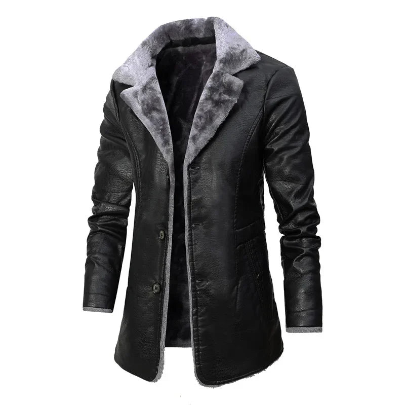 Mens Jacket Streetwear PU Leather Casual Men Winter Long Thick Fleece Clothing Faux Leather Jackets Coat Outwear black front view