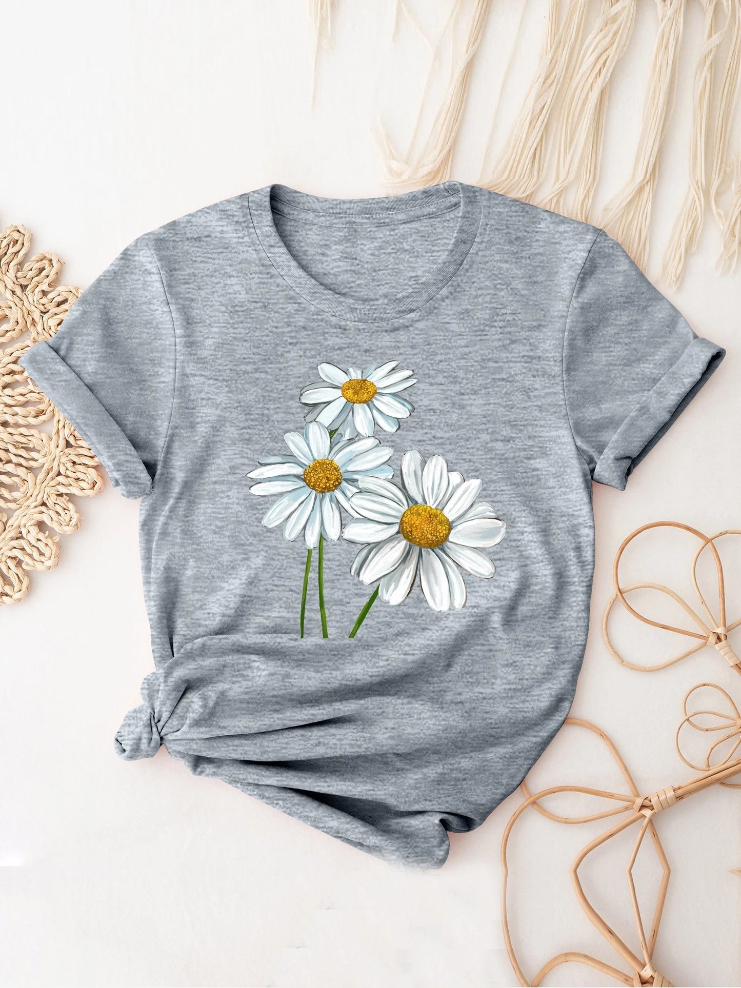 T-Shirt for Women Cute Daisy Print T-Shirt Short Sleeve Crew Neck Casual Top All Season Women's Clothing