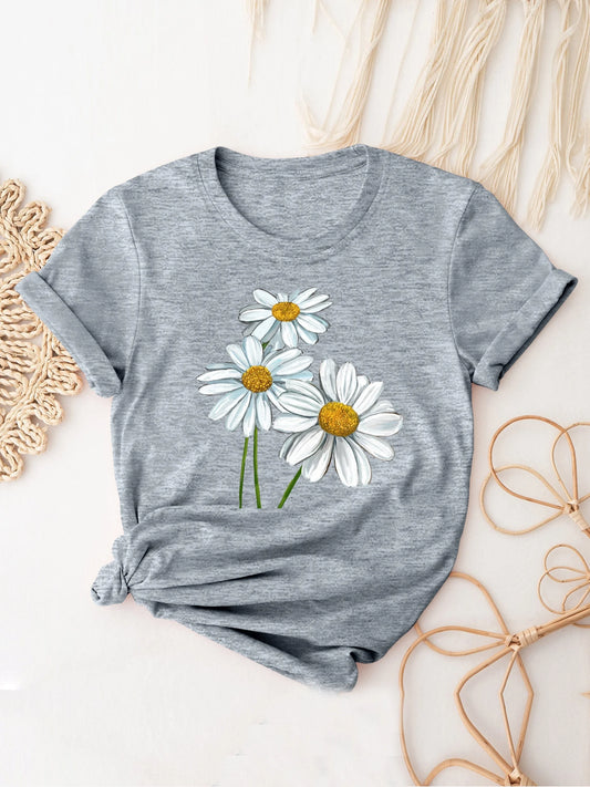 T-Shirt for Women Cute Daisy Print T-Shirt Short Sleeve Crew Neck Casual Top All Season Women's Clothing