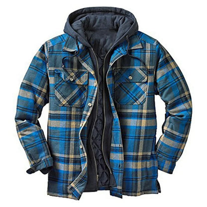 Men's Coats Plaid Printed Patchwork Jacket Hooded Outerwear Jacket for men  navy blue-grey-blue color