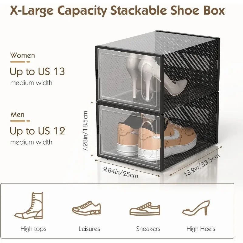 Organizers 12 Pack Shoe Storage Box with Magnetic Door, Fit up to Size 13, Clear Plastic Stackable Shoe Organizer for Closet