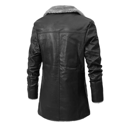 Mens Jacket Streetwear PU Leather Casual Men Winter Long Thick Fleece Clothing Faux Leather Jackets Coat Outwear black rear view