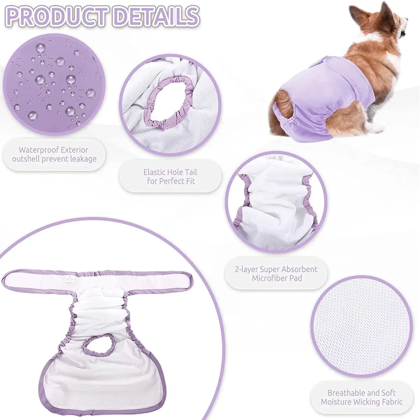 Pet Diapers Washable Wraps for Female Dog Shorts Highly Absorbent Puppy Nappies Adjustable Pet Panties for Small Medium Large Girl Dogs