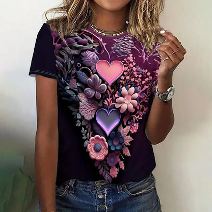 T-Shirt for Women Fashion 3D Floral Print T Shirt For Women Short Sleeve Tees Casual O-neck Loose Short Sleeve Top for girl