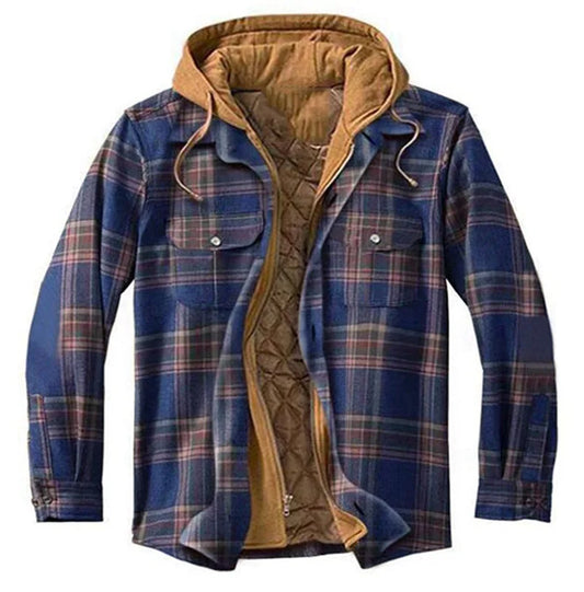 Men's Coats Plaid Printed Patchwork Jacket Hooded Outerwear Jacket for men  Brown-blue-purple front view