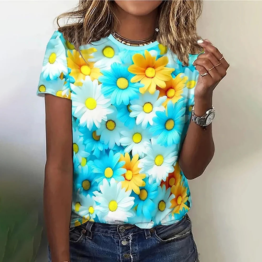 T-Shirt for Women Fashion 3D Floral Print T Shirt For Women Short Sleeve Tees Casual O-neck Loose Short Sleeve Top for girl