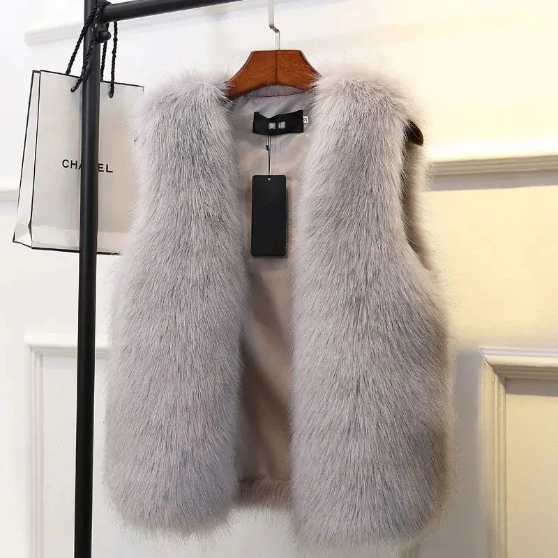 Fur Vest for Women Female Waistcoat Faux Fox Fur Overcoat Winter Jackets Thickened Warm Sleeveless Outwear Top grey color front view